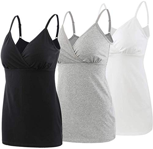 ZUMIY Schwangerschaft Stillen Top, Damen Baumwolle Umstandskleidung Schlaf Ärmellos Cami mit Verstellbaren Trägern (Large, Black+Grey+White/ 3-pk)