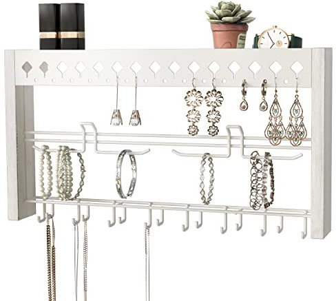 JackCubeDesign - Wood Wall Mount Jewelry Organizer with Metal Hooks for Necklaces, Ring, Earrings (White Wood) - MK460C