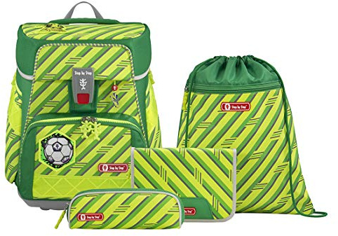 Step by Step Schulranzen-Set Space NEON „Funky Soccer“ 5-teilig, gelb-grün, neonfarben, ergonomischer Tornister mit Reflektoren, höhenverstellbar mit Hüftgurt, ab der 1. Klasse, 20L