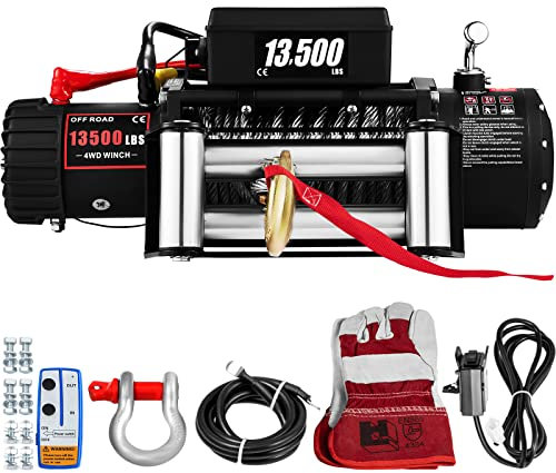 OldFe Elektrische Seilwinde 12V, Elektrische Winde 13500lbs / 6125 kg, Elektrische Motorwinde 6,5 PS, Drahtseil Motorwinde mit Funkfernbedienung