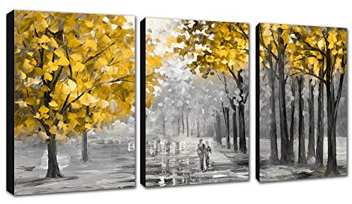 3 Teilig Leinwandbilder Bilder Abstrakt herbstlicher gelber Baum bild auf leinwand Wandkunst Modern Wandbilder Kunstdruck Deko für Wohnzimmer Schlafzimmer fertig zum Aufhängen 120x60cm(40x60x3)