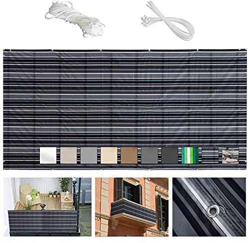 MEEYI Balkonsichtschutz 50x400cm balkonverkleidung sichtschutz Balkon ohne Bohren wasserabweisend balkonverkleidung Kunststoff für Garten pflegeleichtes mit kabelbinder und Seil-Schwarz und weiß