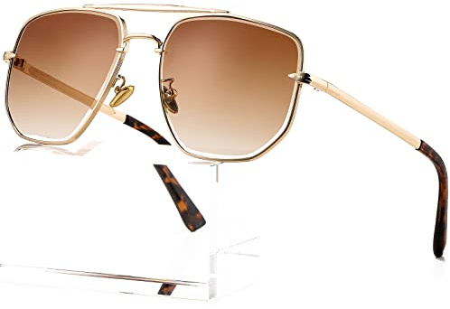 AIEYEZO Oversized Square Aviator Sunglasses for Men Women Fashion Vintage Sun Glasses Classic Pilot Gradient Shades (Gold/Brown Gradient)