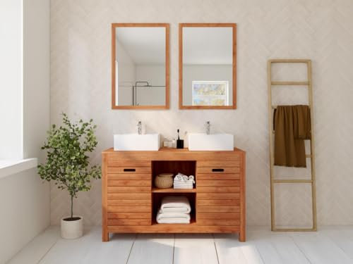 Vente-unique-Waschbeckenunterschrank mit Doppelwaschbecken und Spiegeln - Akazienholz - 130 cm - PULUKAN