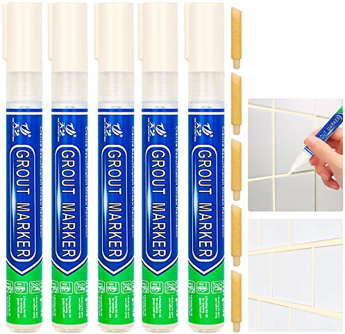 DRTRU 5 Pcs Tiles Grout Pen, Tile Grout Pen Beige Wall Repair Pens, Tile Grout Reviver Pens for Tile Grout Wall Floor Bathrooms and Kitchen Restoring Grout Joints