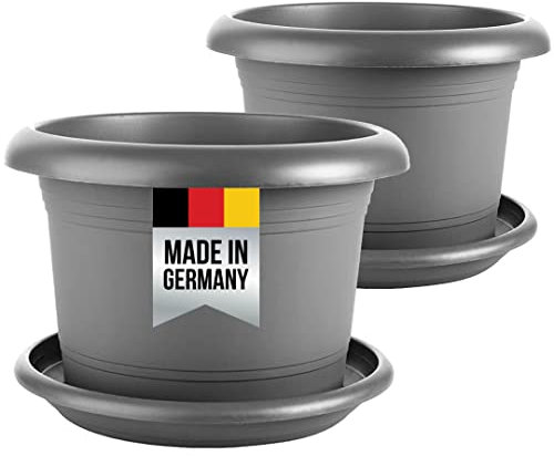 2friends Pflanzkübel mit Untersetzer, XXL Blumentopf Gross 50 cm Durchmesser, 2er Set Blumenkübel mit Löcher, Blumentöpfe Pflanztöpfe, Pflanztopf Rundtopf Pflanzentopf, Model: Kani, Anthrazit