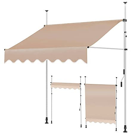 TRAGLO Klemmmarkise Balkonmarkise mit Handkurbel 2/2.5/3x1.2m Sonnenschutz ohne Bohren Sonnenmarkise höhenverstellbar Markise mit Gestell einfache Montage 3m Whiteframe-beige