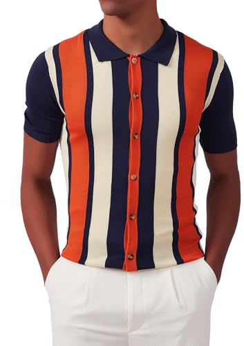 Kallspin Hombres Polo de Punto Vintage Manga Corta Rayas Botón Abajo Camisas de Golf de Punto(Marino,M)