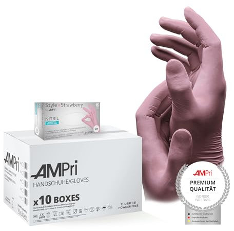 AMPri Nitrilhandschuhe, rosa, 10 Box a 100 Stk, Größe XS, puderfrei, Style Strawberry by Med-Comfort: Nitril Einmalhandschuhe, Einweghandschuhe in den Größen XS, S, M, L, XL