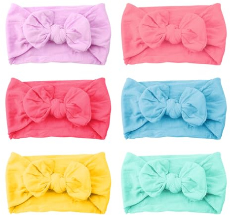 Luckious 6 PCS Baby Turban Headband Set - Soft, Cute, and Elastic Headwear Toddler Headdress with Bowknots for Newborns, Girls, Boys, and Kids (Purple, Pink, Red, Blue, Yellow, Green)
