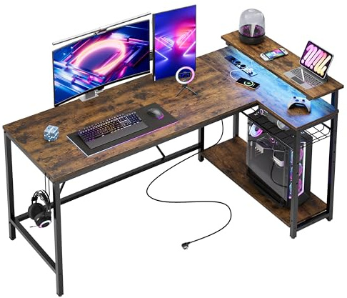 Escritorio en Forma de L de 147 cm con Tomas de Corriente, Escritorio de Esquina para Oficina en casa con Estantes Reversibles y Luces LED - Escritorio de Estudio y Sencillo para Espacios Pequeños