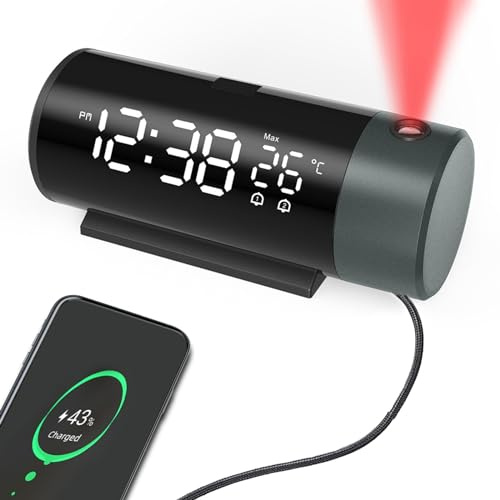 TWFJEL Sveglia da Comodino, Proiettore Rotazione di 180° Sveglia Digitale con Temperatura 4 Luminosità Regolabile 2 Allarmi Funzione Snooze Con porta USB 12H/24H per camera da letto, ufficio
