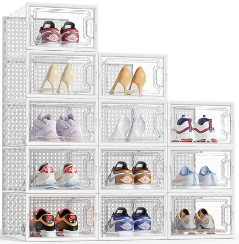 HOMIDEC Boîtes à Chaussures,12 pcs Rangement Chaussures Plastique Transparent Boite Rangement Conteneurs pour Organisateur de Chaussures avec Couvercles pour femmes/hommes, Blanc