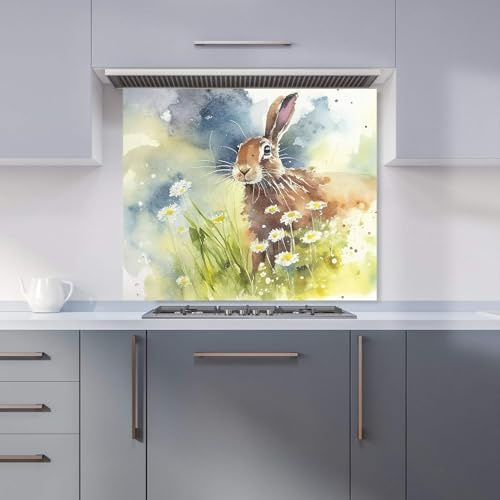 Premium Hare And Daisies Watercolour Kitchen Splashback 6mm Toughened Glass Kitchen Splashback – Heat Resistant Splashback for Kitchens, Perfect for Cookers and Hobs, Polished Edges