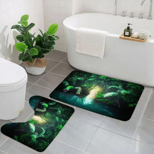 EYLOZS Badezimmerteppich Set 2 Teilig Waschbar rutschfeste Badematte Toilettenmatte Weich Saugfähige Badteppiche,Dschungel, tropischer See-Mangroven-Regenwaldpfad durch die Lüster