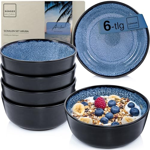 SÄNGER Aruba Steingut Müslischalen Bowl Schüssel 6 teilig, Schüssel | Set 6 Personen, Schale spülmaschinen- mikrowellen- kratzfest, Schüsseln blau mit schwarzem Rand 550 ml