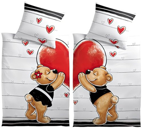 Leonado Vicenti 4-teiliges Bettwäsche Set - Partnerbettwäsche weiß grau mit Bären und Herzen 2X 135x200 cm Deckenbezug 2X 80x80 cm Kissenbezug, bügelfrei atmungsaktiv