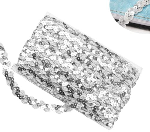 YFaith Paillettenband, 30 m Trim Glänzende Paillettenbänder, S-Wellenform Pailletten Silber zum Aufnähen Breite 15 mm, Silber Pailletten Bänder, für Kleidung, DIY-Projekte