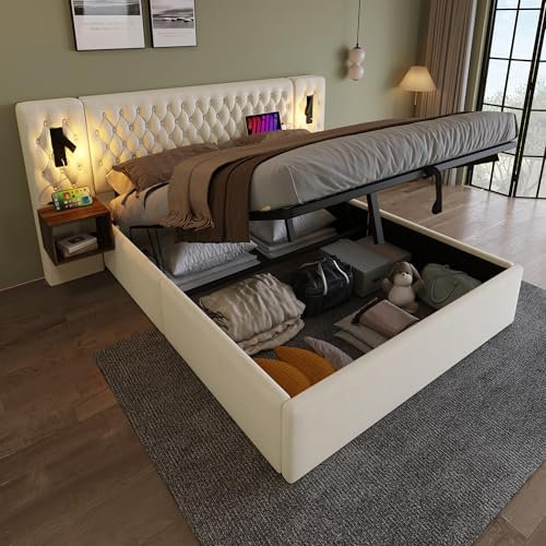Huayz Doppelbett Bettanlage 160 x 200 cm mit 2X Nachtkommoden & 4 Schubladen, Kopfteil mit LED & USB Ladefunktion - Schlafzimmer Komplett-Set, Samt, Ohne Matratze