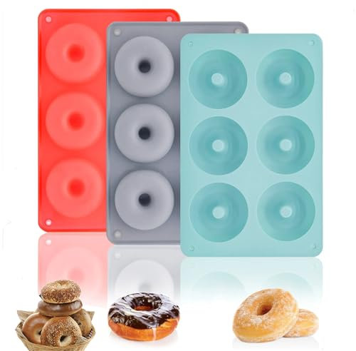Wallniture 3 PCS Silicone Donut Mold, 6 Cavity Non Stick Donut Tray Baking Tray for Baking Donut, Muffins, Cakes (Red, Grey, Blue)