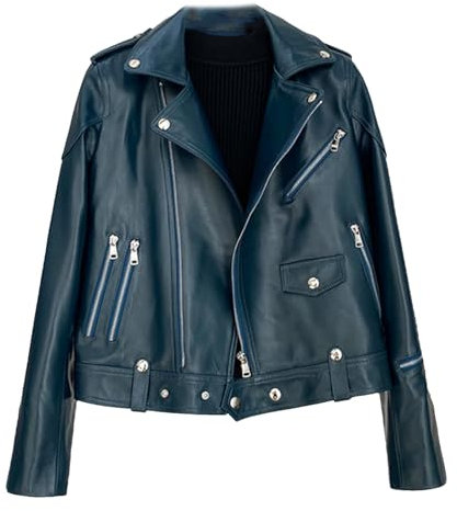 Mkjuuior Herbst-Winter-Jacke aus echtem Leder für Damen, Streetwear, Motorrad, Damen, Schaffell, Freizeitmäntel, dunkelblau, M