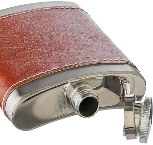 Flasque pratique en acier inoxydable Hip Flask de 100 ml avec revêtement en cuir synthétique de style champêtre, marron, en acier inoxydable avec fermeture à vis sécurisée, bouteille d'alcool