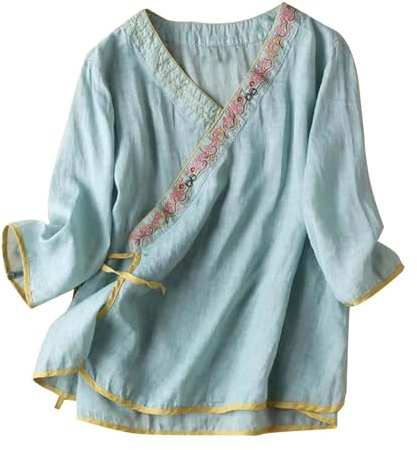 Chinois Style Vêtements Hauts Femmes Coton Lin Chemises Broderie Stylé Hauts Grandes Tailles Tunique Élégant Col en V Chemise Vintage Manches 3/4 Blouse Tunique Enveloppant Costume Tang, vert, XXL