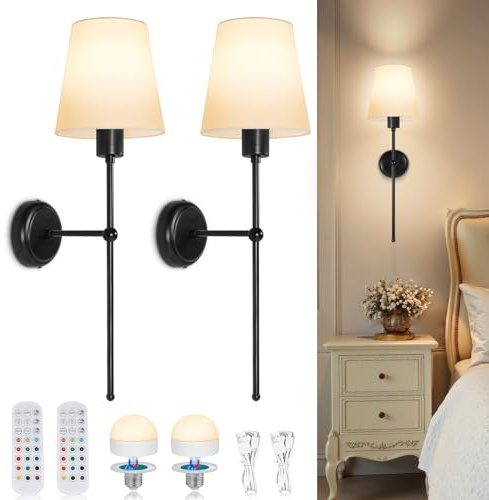 Dehobo LED Battery Wall Lights, Rechargeable Wall Lights Set of 2, Black | Battery Operated Wall Sconces, Dimmable Wall Wireless Lamps with 3CCT, 12 RGB and Remote for Bedroom Living Room Hallway