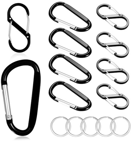15-teiliges Karabinerhaken-Set–5 Schlüsselringe+5 S-förmige Karabinerhaken und 5 Schwarze D-Ring-Karabiner für Outdoor-Ausrüstung,Schlüsselbund-Organisation,Rucksack-Zubehör.