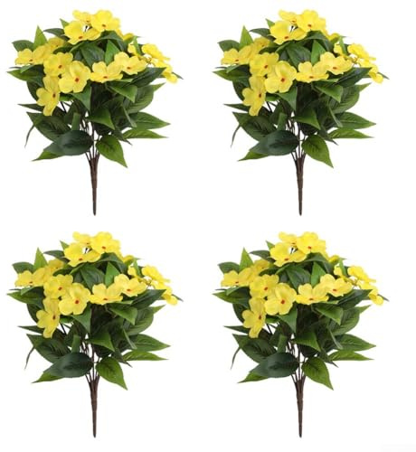 MeevrgR Artificial Impatiens Flowers – 40cm UV-Resistant Faux Rhododendrons (5 Colors) – Set of 4 for Hanging Baskets & Outdoor Decor(yellow)
