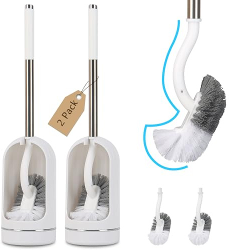 Toilettenbürste, Toilettenbürsten mit Halter, Gebogene Toilettenbürste mit Randreiniger, Edelstahl- und Kunststoffgriff, Badreinigungsbürste, Toilettenbürstenersatz (2, weiß)