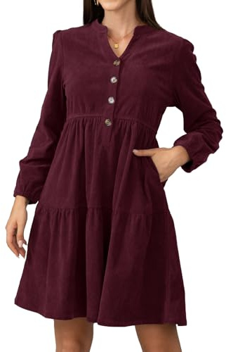 Jayscreate Damen 2025 Langärmeliges Cordkleid über dem Knie, A-Linie, V-Ausschnitt, Herbst, Winter, kurzes Arbeitskleid, Rot/Ausflug, einfarbig (Getaway Solids), Mittel