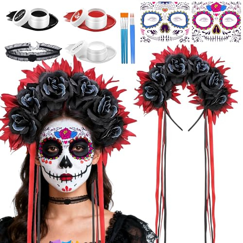 ILMFMY Halloween Haarreif Damen – Dia de los Muertos Blumenkrone mit Rosen, Gesichtstattoos, Spitzenhalsband & 3 Dosen Schminke – Tag der Toten Kostüm Zubehör für Party, Karneval, Cosplay