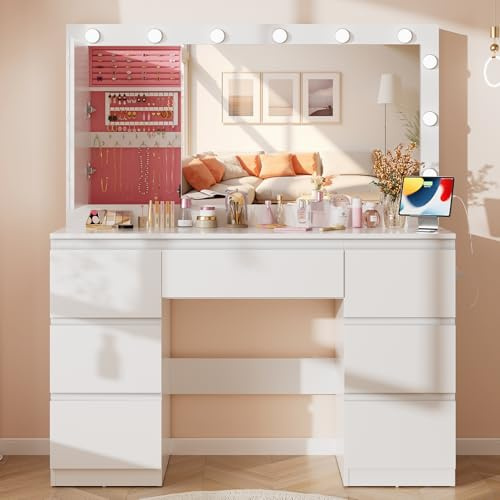 Airfish Schminktisch mit LED-Beleuchtung und Großer Spiege, 120x40x140cm Frisiertisch mit Schmuckschrank und Steckdosen, Kosmetiktisch mit 7 Schubladen für Schlafzimmer, Weiß