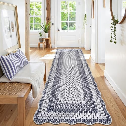 IMIYOKU Hallway Runner Grey Rug Washable Carpet Runners 66x240cm Non Slip Long Runner Chequered Stripes Floor Mat for Hallways Entryway Kitchen Bedroom Lounge Laundry Living Room