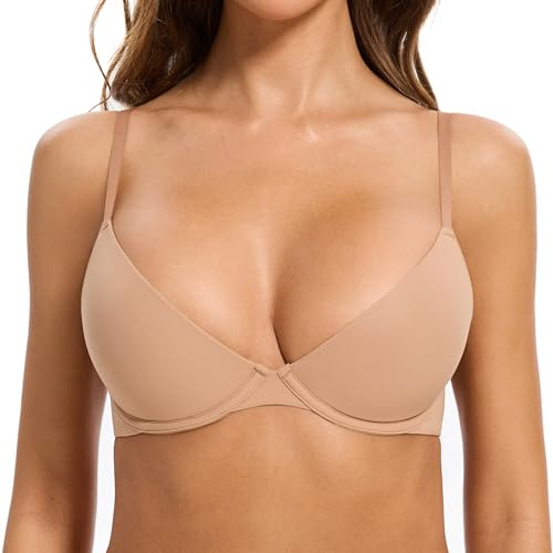 Soutien-Gorge Plongeant pour Femmes - Encolure Ronde Ultra Douce - Demi Balconnet Sexy à Armatures Légèrement Rembourré (Reddish Brown, 105C)