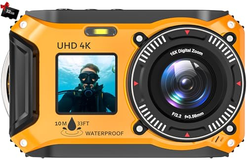 Yixinxin 4K 56MP 33FT UHD Unterwasserkamera zum Schnorcheln mit 32GB Karte Dual-Screen wasserdichte staubdichte schwimmfähige Kamera Autofokus 1500mAh