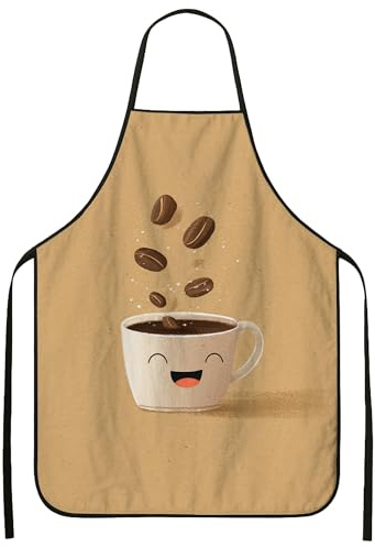 Delantal de taza de café para cocinar, bonito delantal de cocina con granos de café de dibujos animados, divertido diseño casual, lavable para hornear barbacoa