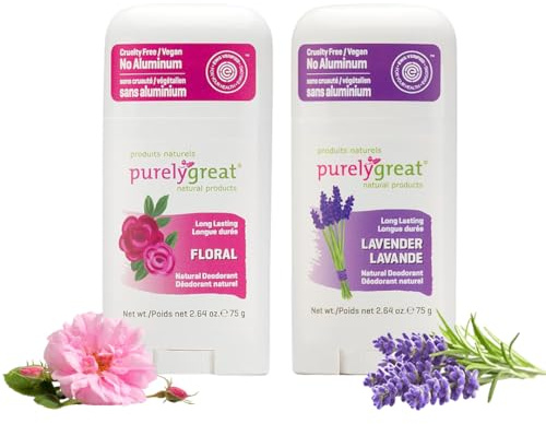 Purelygreat Deodorant Bundle | Floral & Lavender Natural Sticks, Aluminum-Free for Women & Men 2.64 oz Each