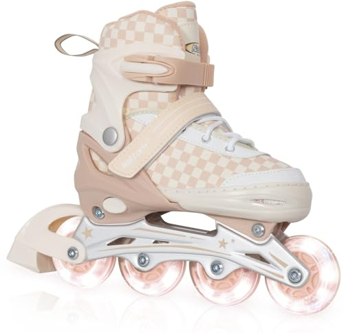 Nattork Adjustable Inline Skates for Kids Teens, Illuminating Wheels Blades Roller Skates with Checkerboard Design for Boys Girls Khaki Size 5 6 7 8