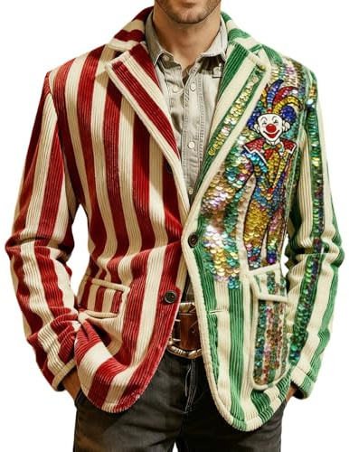 Sakko Herren Karneval Kostüm Lustig Clown Print Cord-Optik Pailletten Design Blazer Vintage Zirkus Jacke Taillierte Elegant Kostüm für Fasching Halloween Mottoparty
