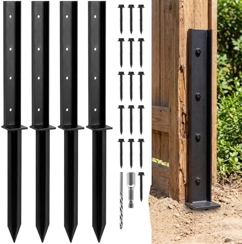 Kit Réparation Poteaux Clôture 4 Pièces | Ancrages Acier Heavy Duty 81cm pour Poteaux Bois | Répare Poteaux Obliques, Desserrés et Pourris Sans Remplacement | Inclut Vis et Forêt