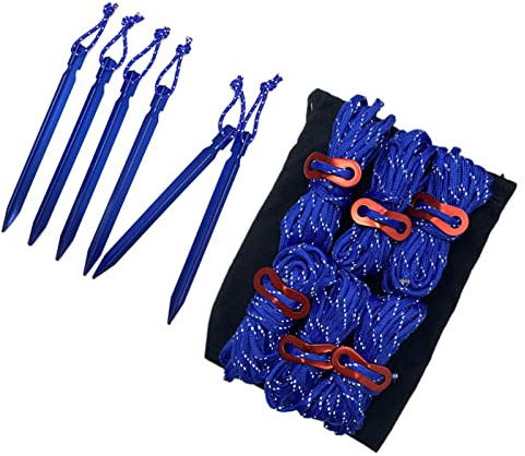 RASTKY Set Riflettente di Corde per Tende Robuste e Portatili con Fibbie per Picchetti per gli Appassionati di Campeggio, Include 6 Picchetti in Alluminio e Borsa di Stoccaggio, Corde Riflettenti da
