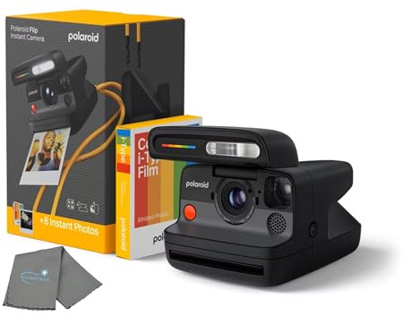 Polaroid Flip Instant Camera + Color Film Bundle (8 Photos Included) - Black - Hyperfocal 4-Lens System, Sonar Autofocus, and Scene Analysis, Bluetooth Companion App, with Lens Cleaning Cloth