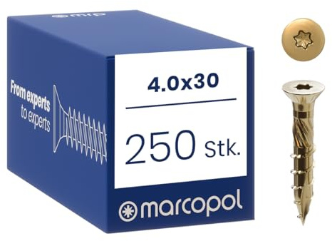 Marcopol Holzschrauben mit Senkkopf 4 x 30 mm 250 Stück TX20 Gelb Verzinkt - Senkkopfschrauben mit TX Antrieb - Schrauben mit Frässpitze, Schneidkerben, Aufbohrfräse und Wachsbeschichtung