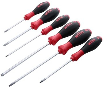 Wiha 30291 SoftFinish Grip ScrewDriver Set, Slotted 4.5-6.5mm, Phillips Number 1-2 and Square Number 1-2, 6-Piece Set