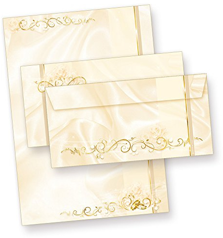 Briefpapier Hochzeit creme 25 Sets DIN A4 beidseitig | Bedrucktes Schreib-Papier 90g/qm mit Motiv, für Einladungen, Briefe und Urkunden, Briefumschläge DIN lang