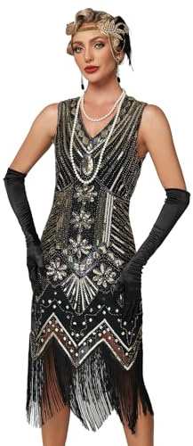 Viloree Vestido con Flecos y Lentejuelas con Cuello en V de los años 20 y Accesorios de los años 20 Negro & Dorado XL