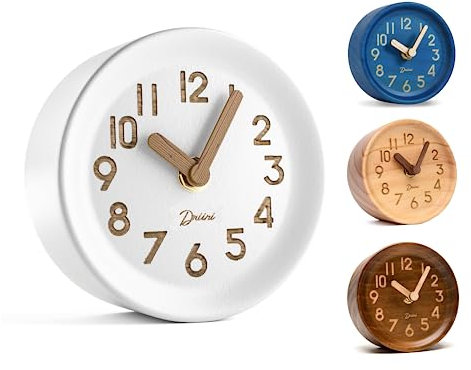 Driini Wooden Analog Desktop Clock – 4.3 in. Decorative Pinewood, No-Tick Design – Easy to Read Silent Sweep Mantle Clock – Quiet Tabletop Clocks with Wood Body, Hands, & Battery Cover; White
