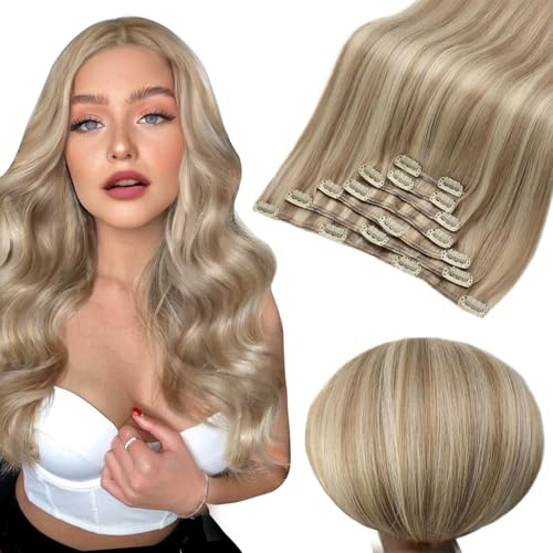 Full Shine Clip In Human Hair Extension, Color Golden Blonde Highlight Honey Blonde Real Human Hair Clip In Extensions, Invisible Hair Extension Clip Ins 20 Inch 7 Pcs 120g
